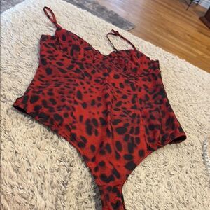Superdown Red and Black Animal Print Bodysuit XS